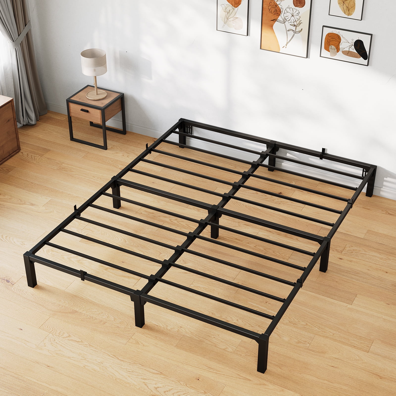 King Size 10" High Platform Bed Frame, Heavy Duty Steel Slat Support with Underbed Storage, 800 lb Capacity, No Box Spring, Tool-Free No-Screws Assembly, Easy Setup (Black)