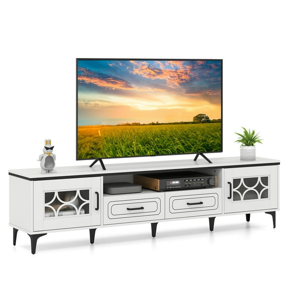 Topbuy Farmhouse TV Stand for TVs up to 80" Entertainment Center with 2 Drawers & 2 CabinetsWooden TV Cabinet White