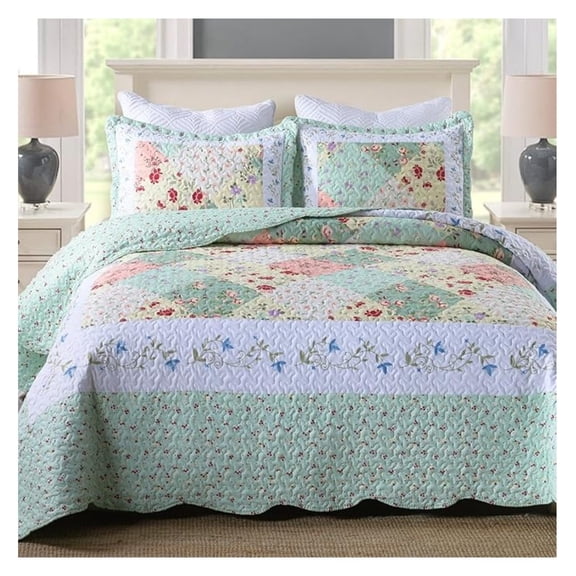 Floral Quilt Set 3 Piece Lightweight Bedspread Queen Romantic Green Polyester