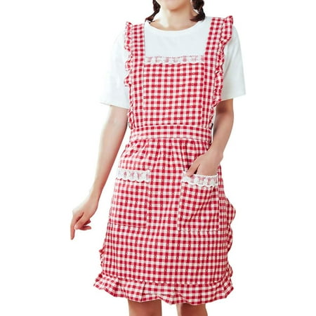 

Apron Kitchen Baking Aprons Vintage Women s Aprons Red Grid Ruffle Aprons Princess Cute Birthday Gift Cotton Aprons for Women Girls with Pockets