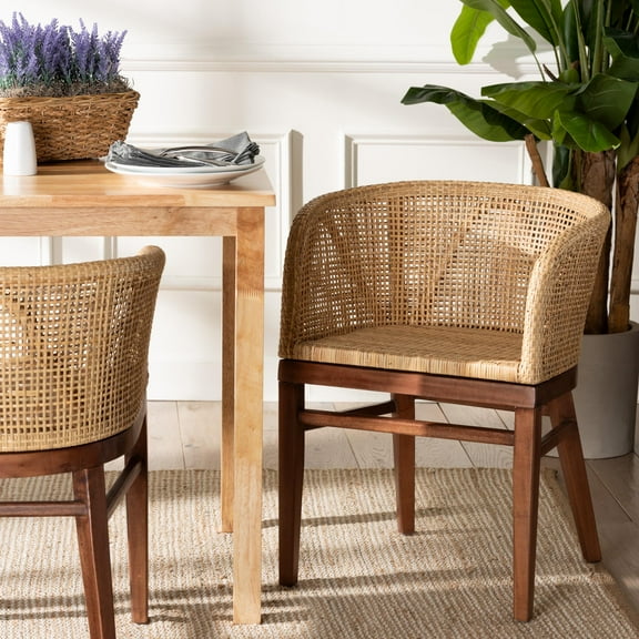bali & pari Papua Rattan and Acacia Wood BOHO Dining Chair, Natural Brown