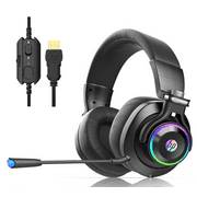 HP USB PC Gaming Headset with Microphone. 7.1 Surround Sound, RGB LED Lighting, Noise Isolating Over Ear Game Headphones with Detachable Mic for PC, PS4, Mac, Laptop H500GS-Black