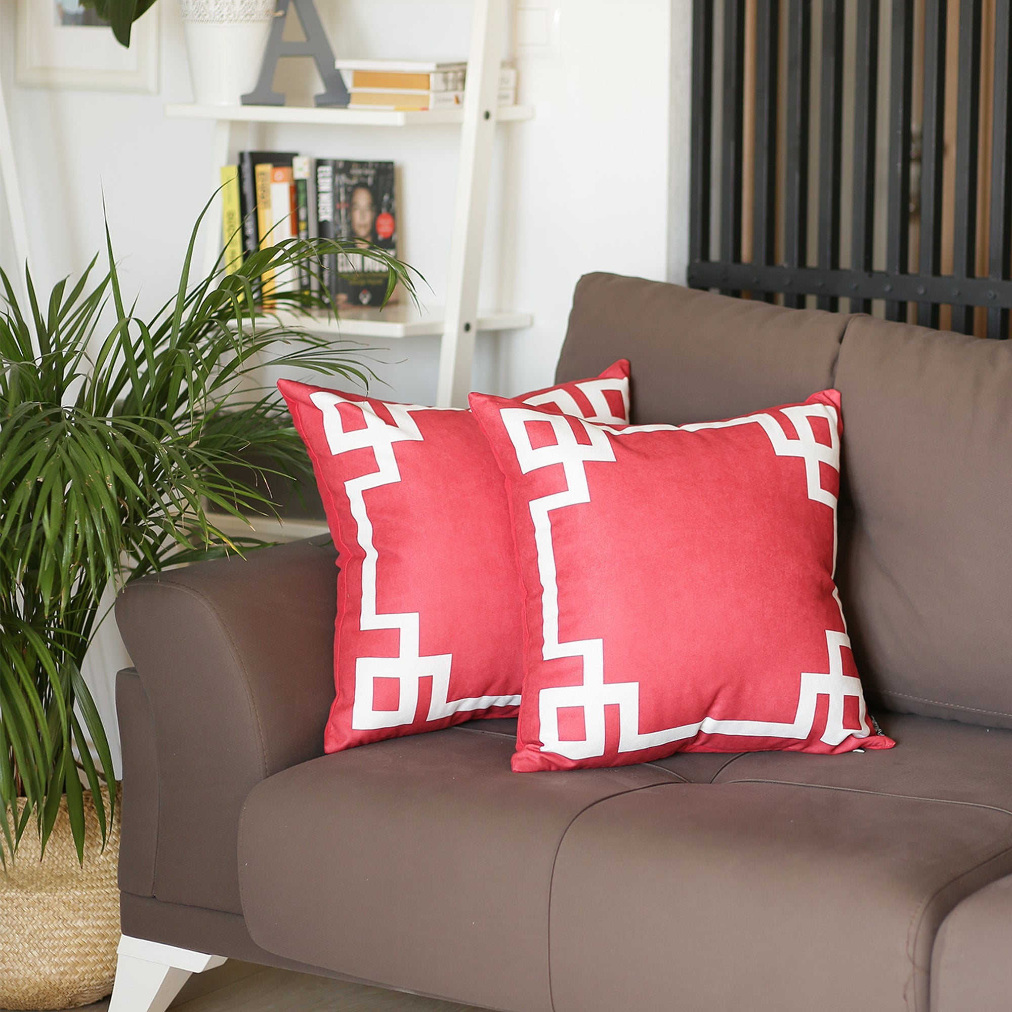 Red and White Geometric Reversible Polyester Throw Pillow Set