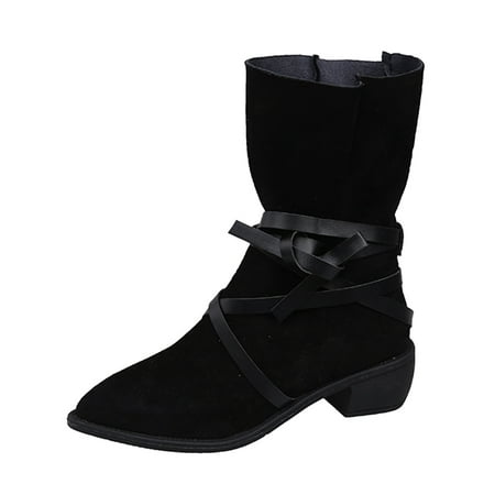 

TAIAOJING Women Boots Ladies Fashion Solid Color Flock Strap Pointed Toe Heel Fashion Short Boots Casual Shoes