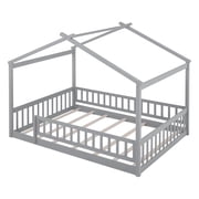 Paproos Full Bed Frame for Kids, Wood Floor Platform Bed with Fence Guardrails and House Roof, No Box Spring Needed, Modern Full Size Floor Bed for Toddler Girls Boys, Wooden House Bed Frame, Gray