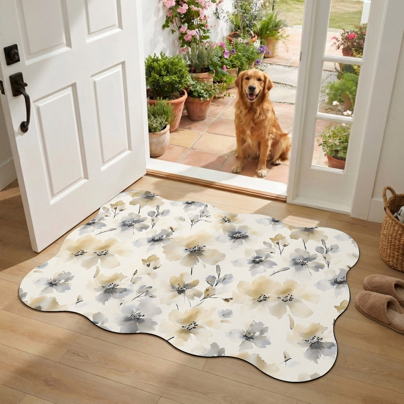 Front Door Mat Outside Entrance 18 x30 Beige Grey Spring Floral Absorbent & Non-Slip Scalloped Doormat Indoor Entrance Low-Profile Welcome Mat for Entryway Patio Watercolor Summer Botanical
