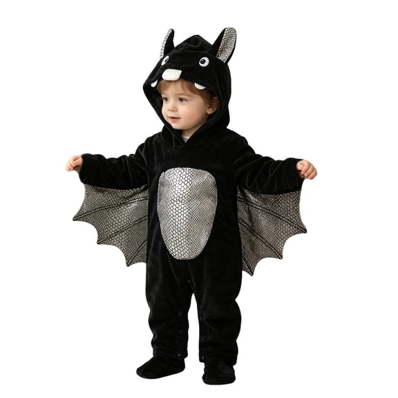 Odeerbi Toddler Boys Girls Halloween Romper Bat Wing Sequin Long Sleeve Hooded Jumpsuit Winter Clothes
