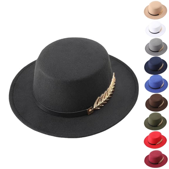 Helii Wide Brim Hat Fedora Hat Derby Hat Flat Top Hat Dress Hat Vintage Hat for Men Women with Satin Ribbon & Gold Wheat for Wedding Church Black,One Size