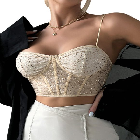 Women‘s Summer Mini Sling Vest Sleeveless Backless Low Cut Mesh Sequins Crop Tops