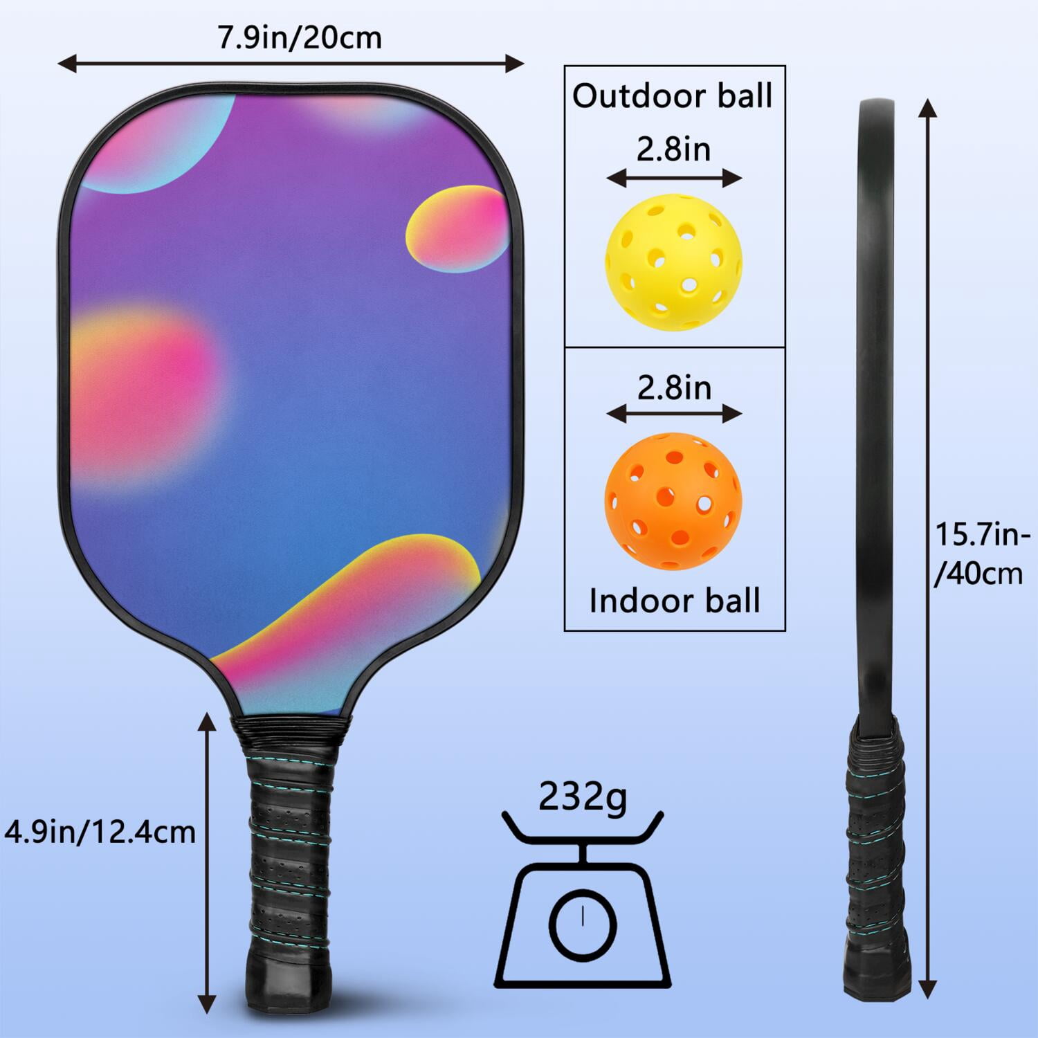Pickleball Paddles Set Of 2, Fiberglass Surface, Neon Fluid Print, 4 Balls & Bag