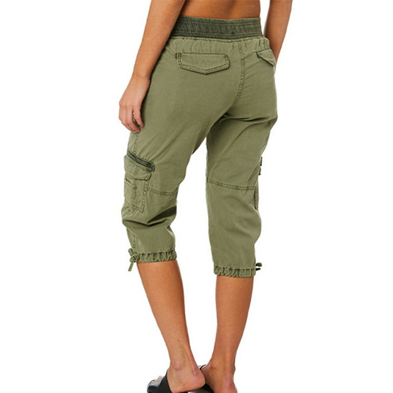 Glonme Women Cargo Pant High Waisted Capri Pants Solid Color Cropped  Trousers Summer Baggy Bottoms Fashion Drawstring Elastic Waist Light Ginger