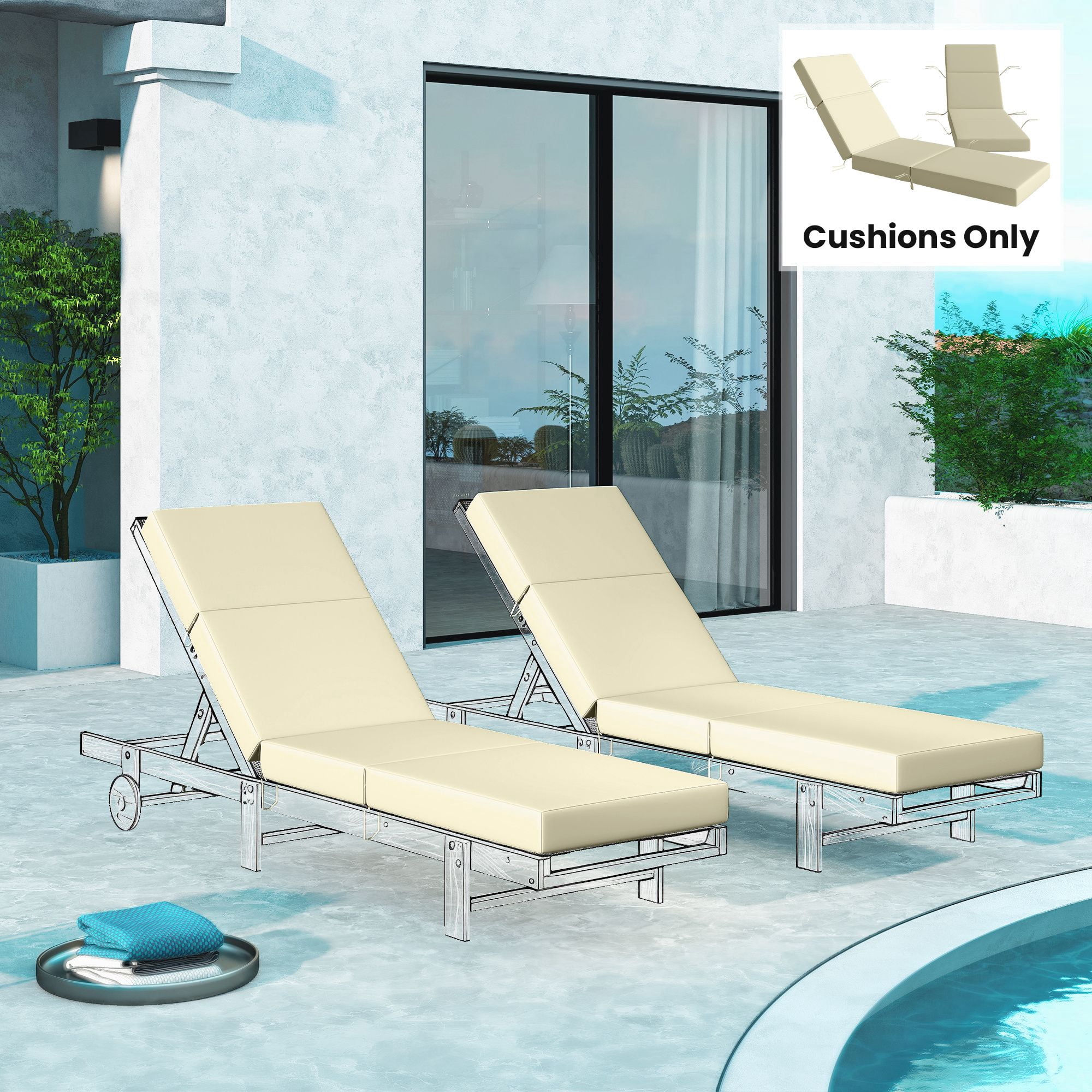 Alvantor Set of 2 Chaise Lounge Cushion 4" Lounge Chair Cushion for Outdoor 21" x 72 ",Cream White