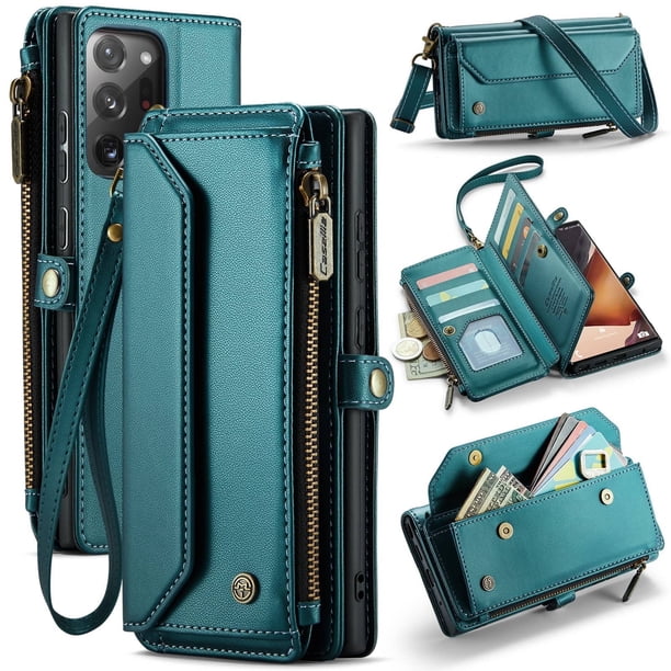 Funda tipo cartera para Samsung Galaxy Note 20 Ultra con bloqueo RFID, tarjetero, cremallera y ranura para billetes, correa de hombro magnética de piel sintética suave para Galaxy Note 20 Ultra
