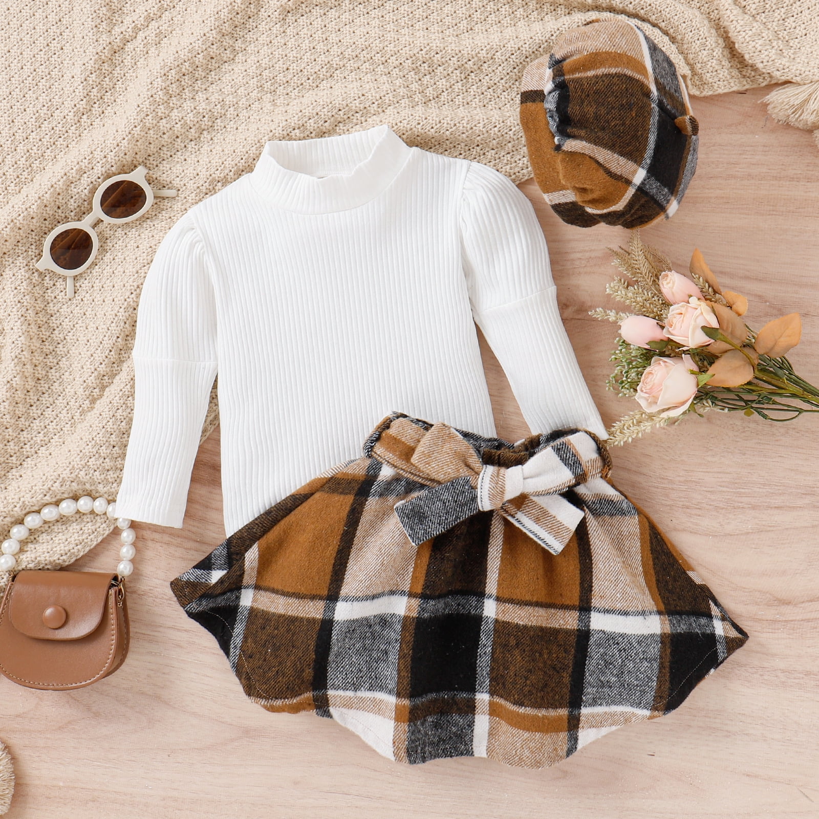 3pcs Baby Girl Ruffle Collar Plaid Long-sleeve Top and Brown Overall Dress Set