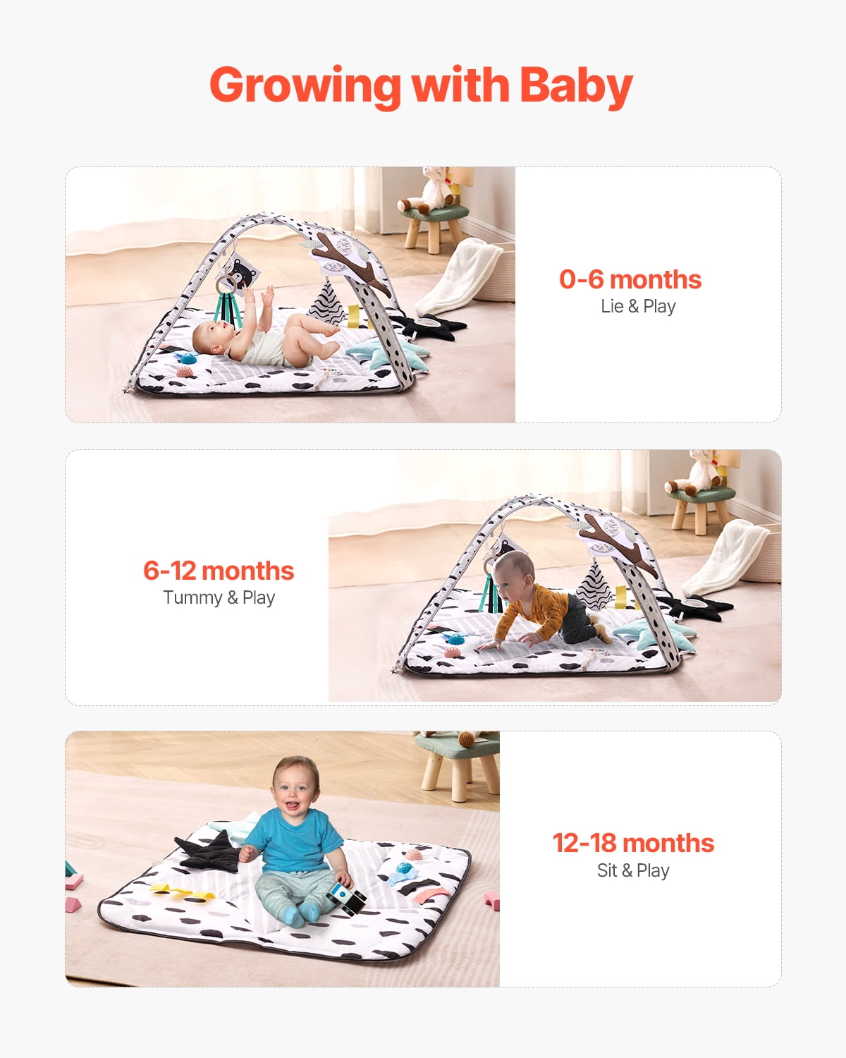 VEVOR Baby Play Gym Mat,Tummy Time Mat with 6 Sensory Toys, Baby Activity Mat with 2 Touch Balls & Soft Fabric for Sensory & Motor Skill Development, Baby Essential Gift for 0-18 Month Newborn Infant