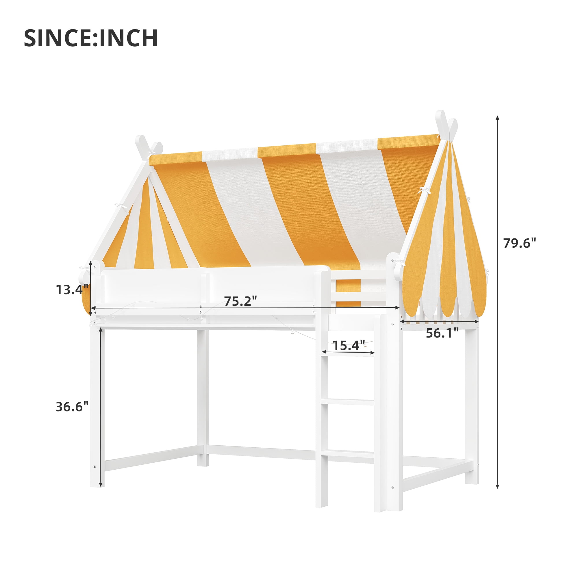 Euroco Wood Full Size Loft Bed with Shelves, House Canopy Bed with LED Light, White