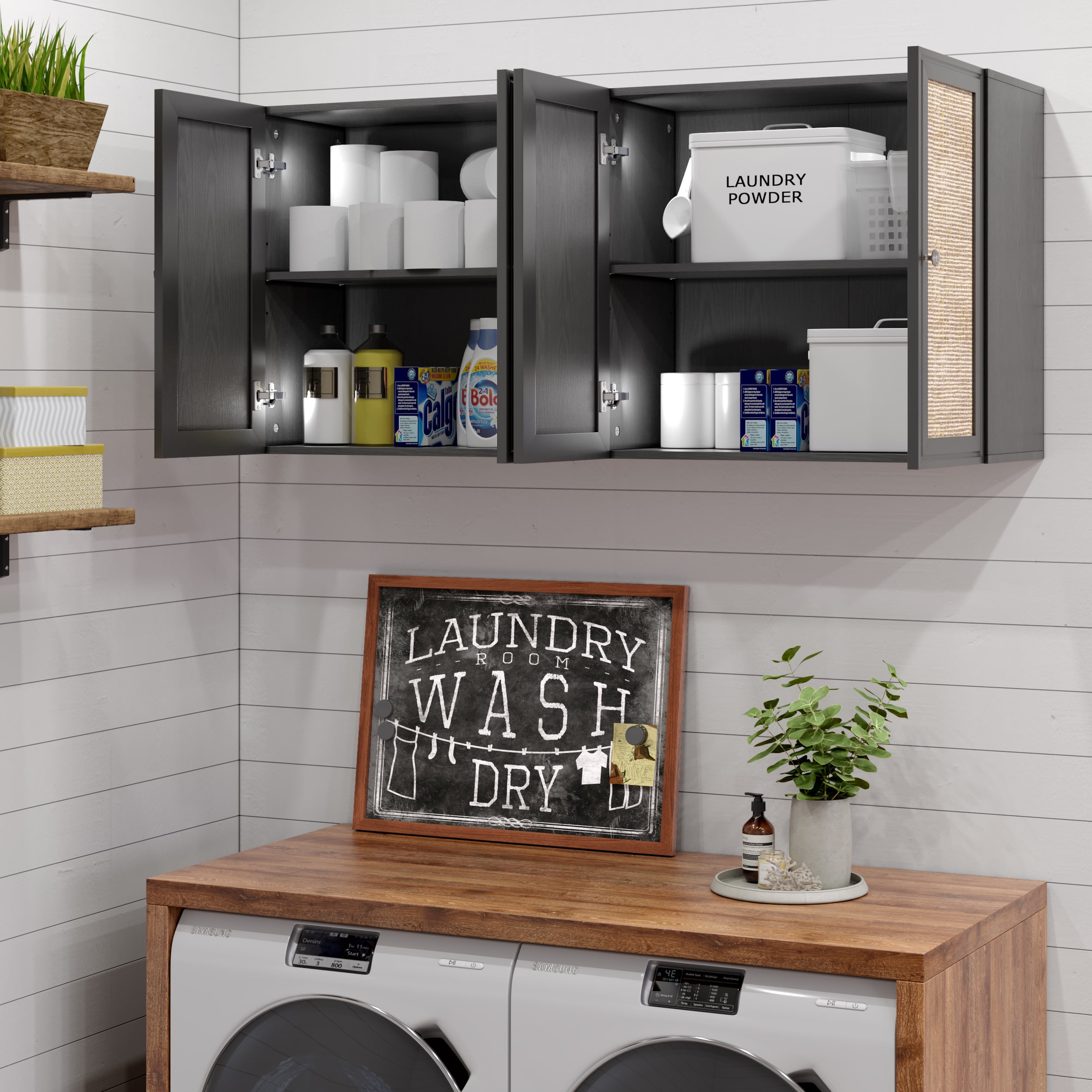 POLIHOME Wall Cabinet Storage-Rattan Laundry Cabinet,Wall Mounted Cabinet with Adjustable Shelves, 24INCH X 2PCS，Black