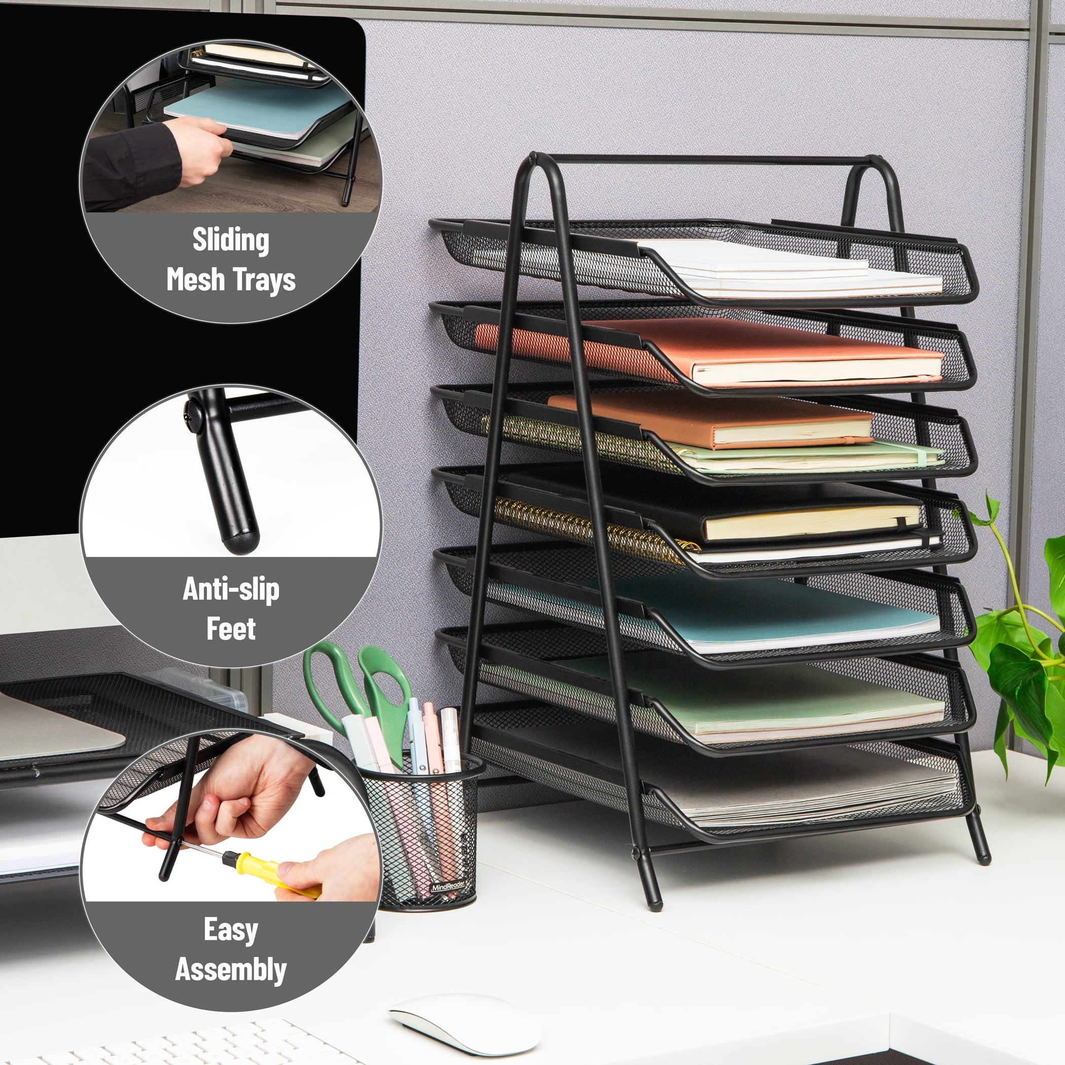 Mind Reader 7-Tier Paper Tray, Desktop Organizer, File Storage, Office, Metal Mesh, Black