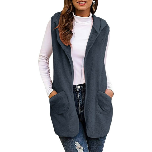 SHTXOZHI Women's Sherpa Fleece Vest Sleeveless Open Front Cardigans Fall Winter Hooded Jacket Coats