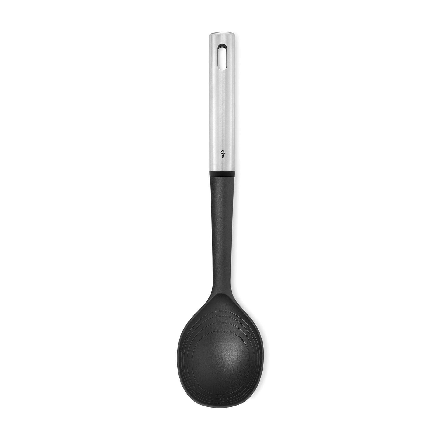 Starfrit Gourmet STEEL Nylon Spoon, Stainless Steel Handle, Heat Resistant Nylon Head, 4 Integrated Measures, Flat Edge, Safe for Non-Stick Cookware, Dishwasher Safe, Starfrit Gourmet STEEL Nylon Spoon features a durable stainless steel handle and heat-resistant nylon head safe for non-stick cookware. Includes 4 integrated measures and a flat edge for easy scooping. Dishwasher safe and heat resistant up to 410°F (210°C).