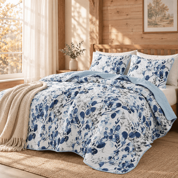 Regency Heights Full/Queen Size Quilt Set, 3-Piece Lightweight Reversible Floral Coverlet Bedding Set, Blue Botanical Garden Print Quilt Bedspread with Matching Pillow Shams