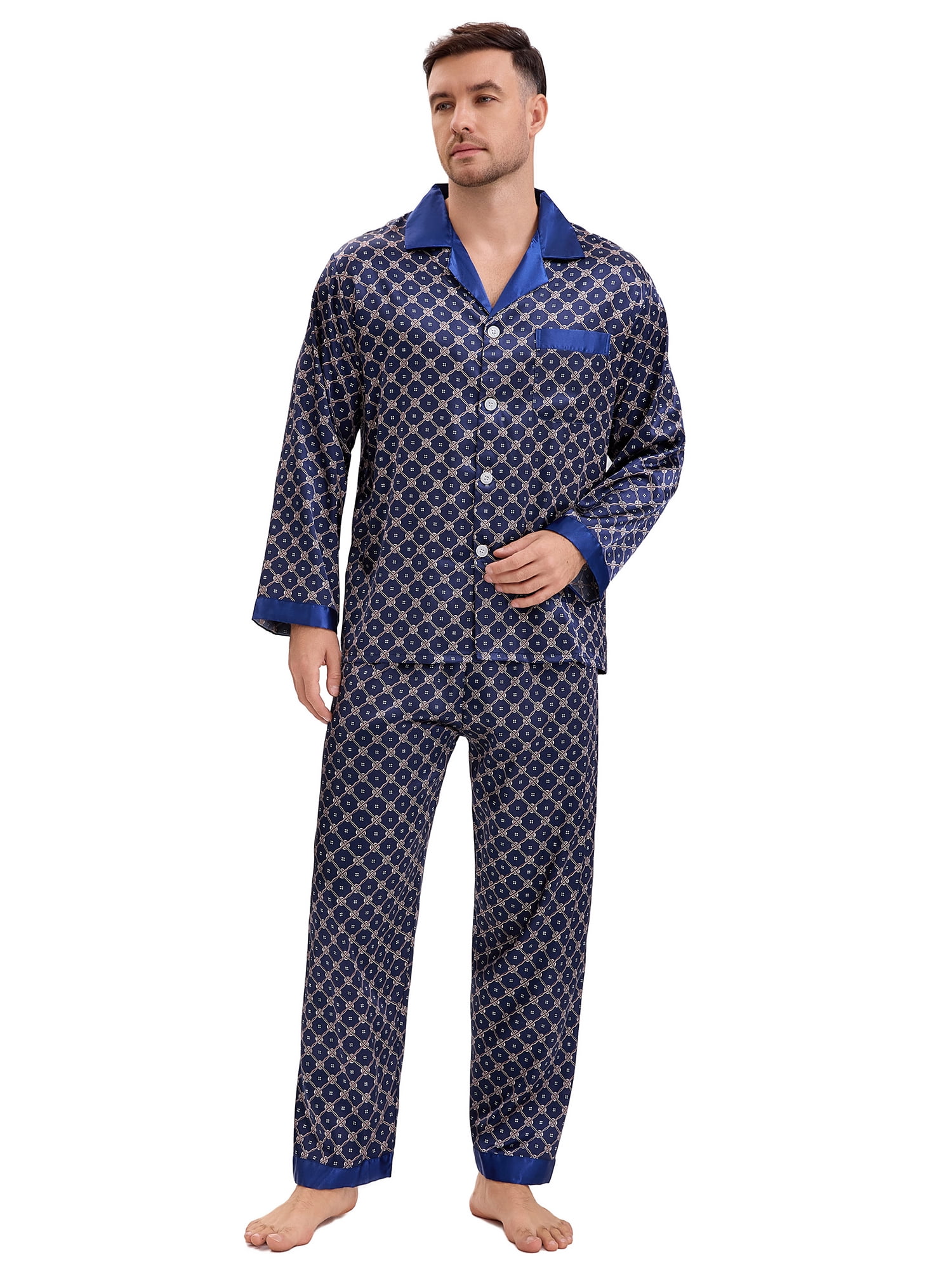 DARING DIVA Men's 2-Piece Button Down Printing Sleepshirt Pajamas Set L Dark Blue