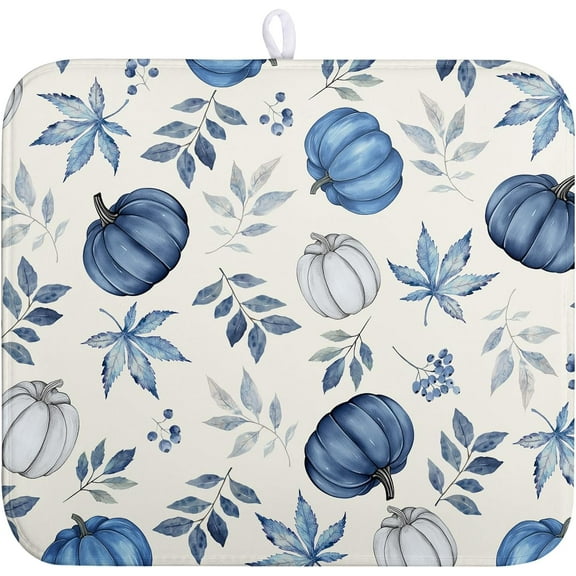 Fall Dish Drying Mat Blue Pumpkin Maple Leaves Drying Mats for Kitchen Counter 16x18 Inch Autumn Thanksgiving Absorbent Microfiber Dish Draining Mat Dishes Pad with Hanging Loop
