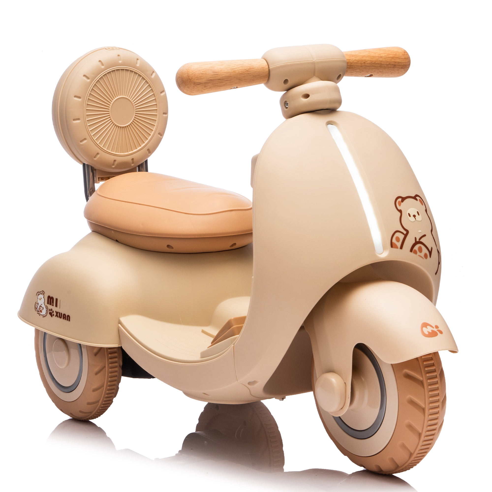 iRerts 12V Powered Ride on Motorcycle, 3 Wheels Kids Electric Motorcycle for Toddlers 1-3 Years Baby First Toy, Electric Ride on Toys with Remote Control, Music, Special Wooden Handle, Beige