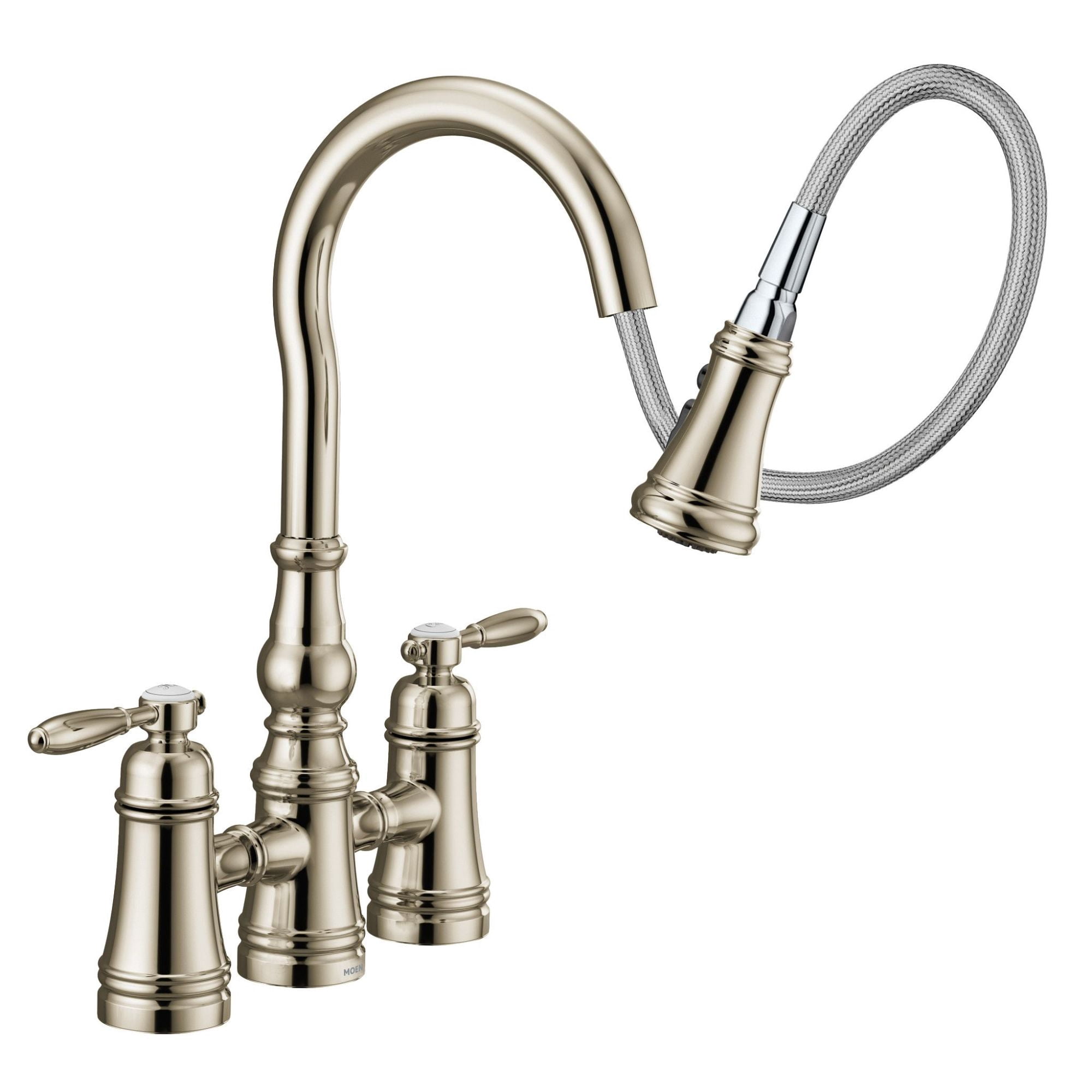 Moen S73204NL Weymouth Two Handle Pulldown Kitchen Faucet, Polished Nickel
