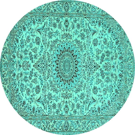 Ahgly Company Machine Washable Indoor Round Medallion Turquoise Blue Traditional Area Rugs, 7' Round