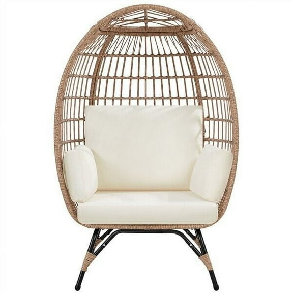 BHUIK PE Rattan Egg Chair with 4 Cushions, Indoor Outdoor Wicker Lounge Basket Chair with Iron Frame, Light Brown/Ivory