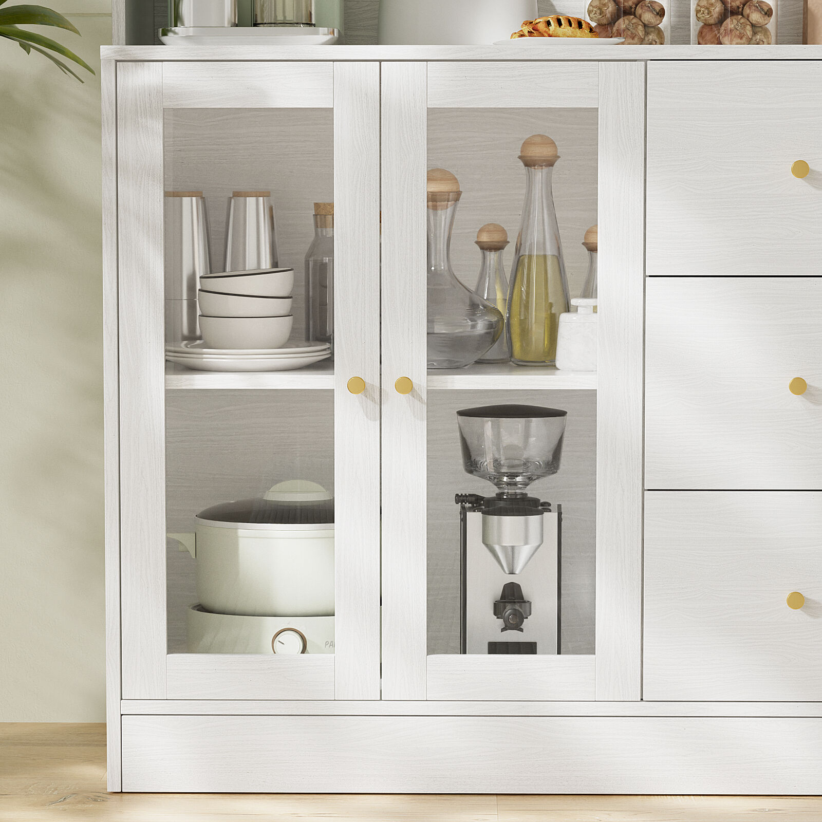 RichYa 59.1"W Large Kitchen Pantry Hutch Cabinet, Tall Coffee Bar Storage Cabinet with 6 Glass Doors, 3 Drawers & Microwave Shelf, Freestanding Cupboard with Large Countertop,White