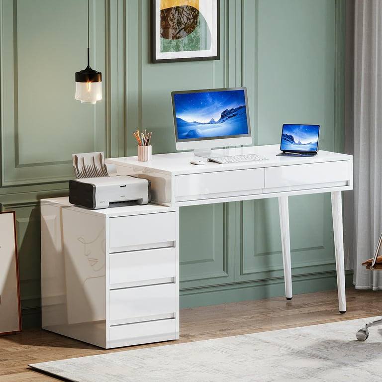 Tribesigns White Desk with Drawers, Modern Home Office Desk with