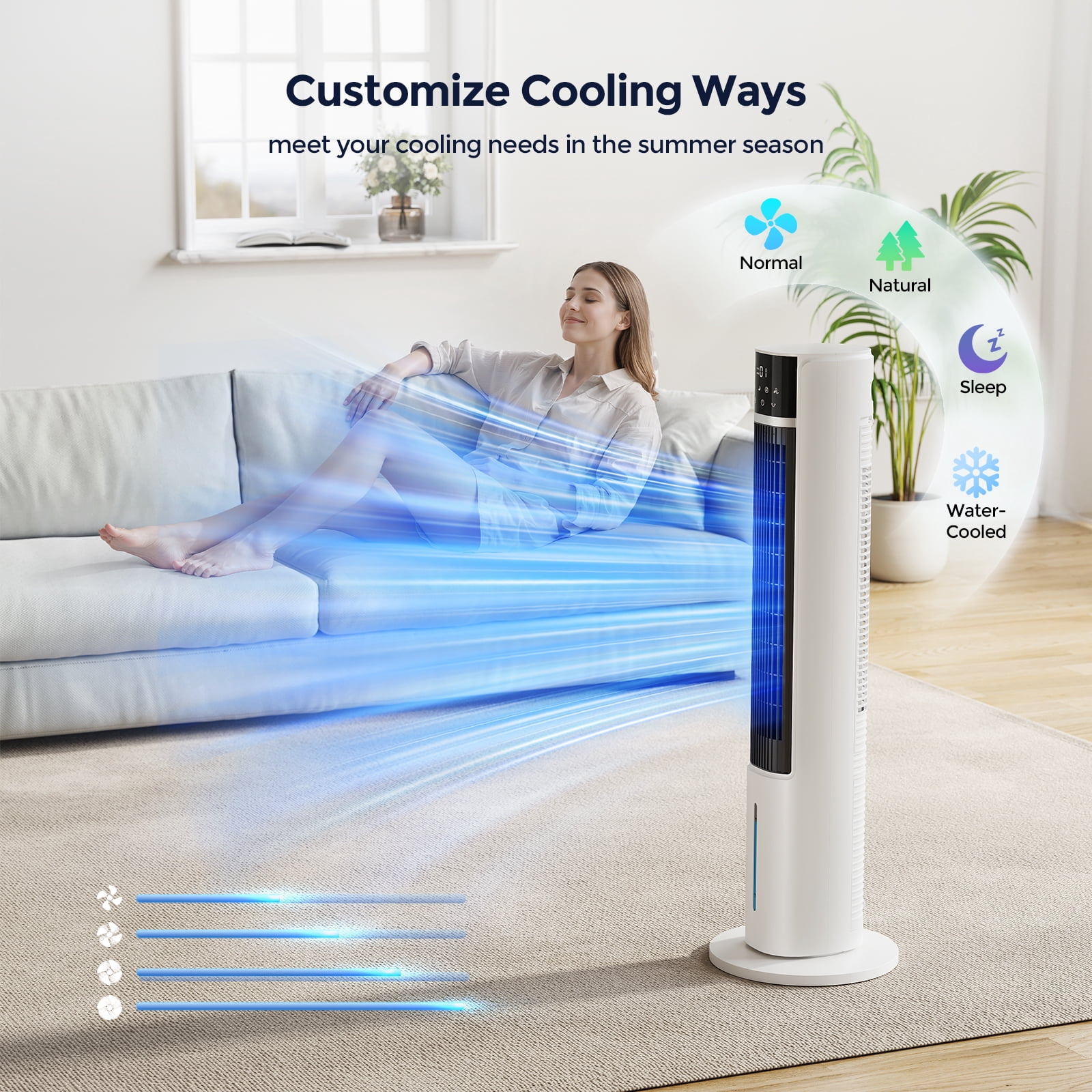 Evaporative Air Cooler Tower Fan for Home Bedroom, 40" Floor Standing Cooling Fans,90° Oscillating,4 Modes & 4 Speeds,12H Timer,2 Ice Crystal Boxes