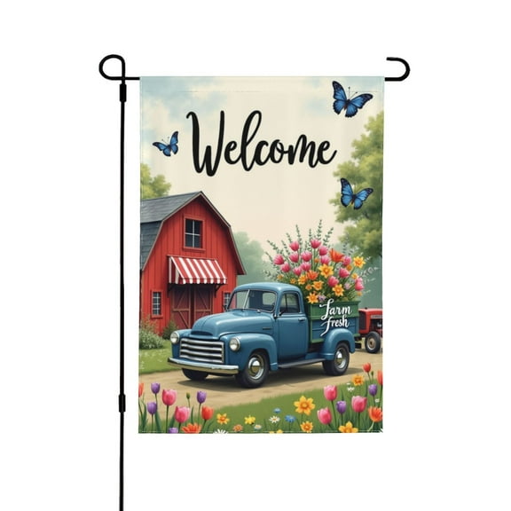 Spring Garden Flag Garden Flaggarden Flag For Outside Pinting Of Blue Truck With Wtermelons In Front Of Red Brn.. 12×18 In Double Yard Flag Outdoor Farmhouse Decoration Home Festival