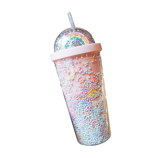 Maytalsory Plastic Water Bottle With Straw Lid Hydration Innovative Rainbow Water Bottle Straw Lid Cup light pink 550ml 1Set