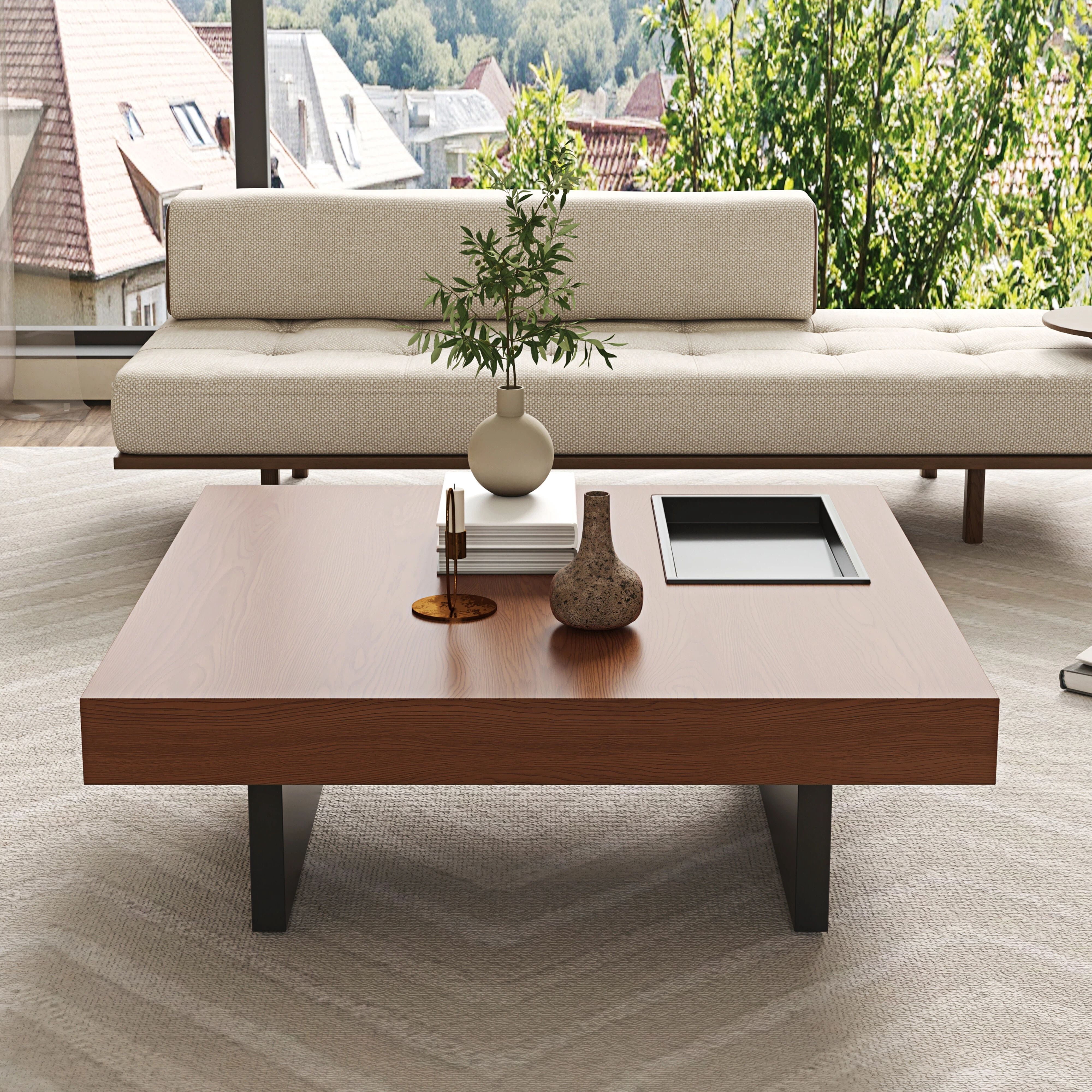Euroco 35.43" Square Coffee Table with Storage, Mid-Century Modern Wooden Cocktail Table with Recessed Storage Tray for Living Room,Walnut