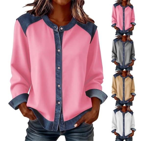 Miluxas Women's Denim Patchwork Button Down Shirts Dressy Loose Long Sleeve Tops Colorblock Business Casual Blouse White XL(XL)