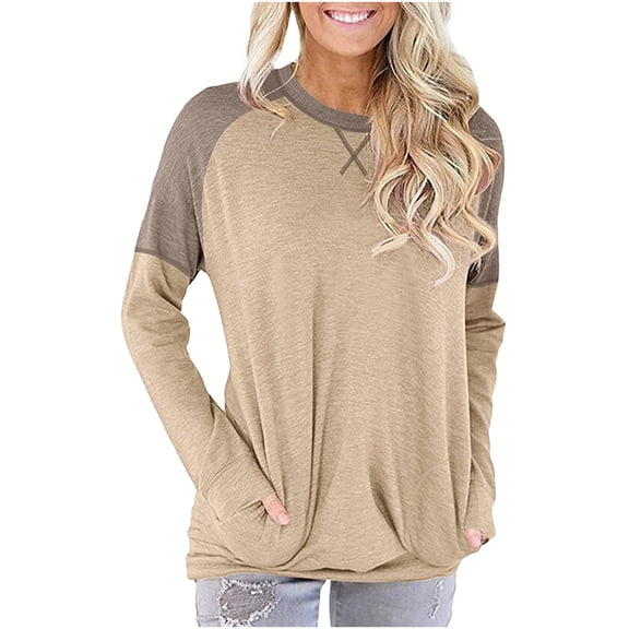 IROINNID On Sale Womens Plus Size Tops Long Sleeve Workout Tops for Women Patchwork Pockets Round Neck Pullover Blouse T-shirt,Beige