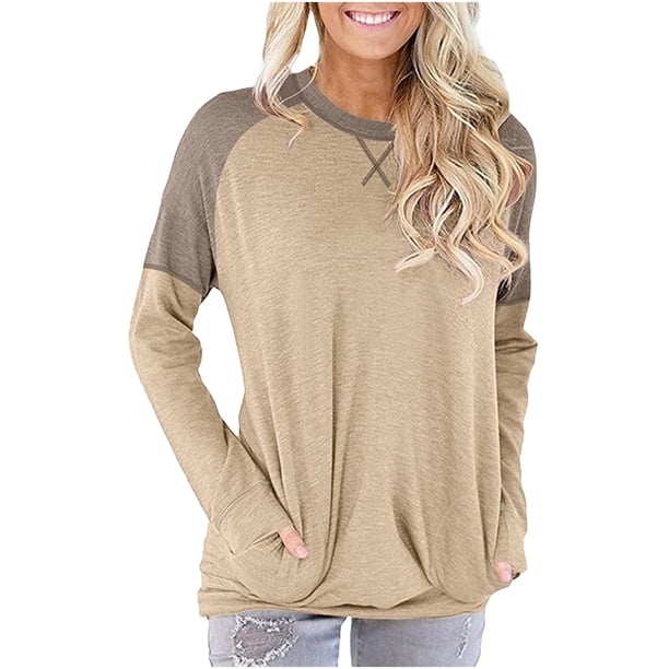 Mujeres Casual Patchwork Bolsillos Cuello redondo Jersey Blusa de manga larga Camiseta Tops Pompotops gfhjh16394