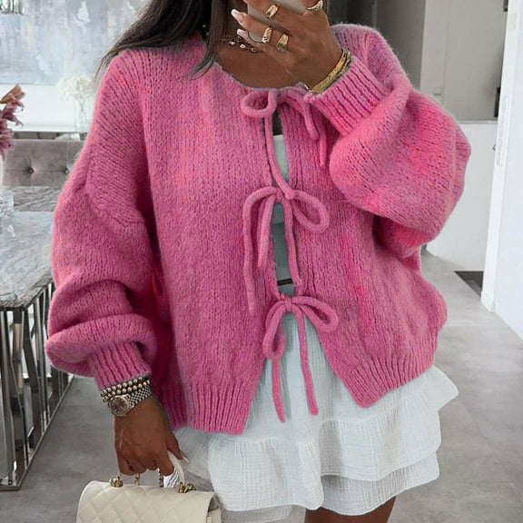 Women's Fashion Three Quarter Sleeve Tie Front Cardigan Sweater Lightweight Round Neck Loose Bow Knitted Sweater Top Knit Cardigan with Pockets Leopard Print Cardigan for Women Sweater Coats Warm