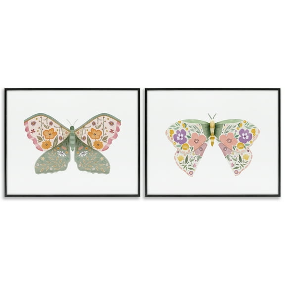 Stupell Industries Folk Florals Butterflies Insects Painting Black Framed Art Print Wall Art, 14 x 11, Set of 2