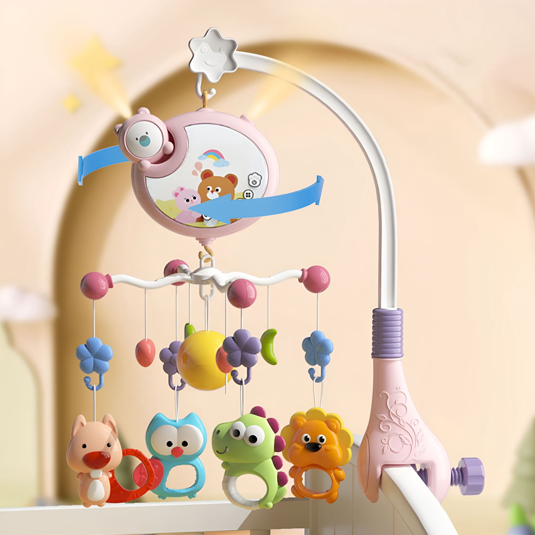 CYFW Crib Mobile with Music and Lights,Baby Mobiles for Cribs with Projector Display,Musical Mobile for Bassinet Toys Hanging Girls Boys,Portable Animal Hanger Play