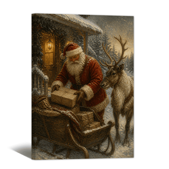 Santa Claus Pausing Canvas Wall Art Vintage Serene Winter Xmas Scene Prints, Beautiful Cozy Artwork Paintings for Living Room Bedroom Home Wall Decor Christmas Gift