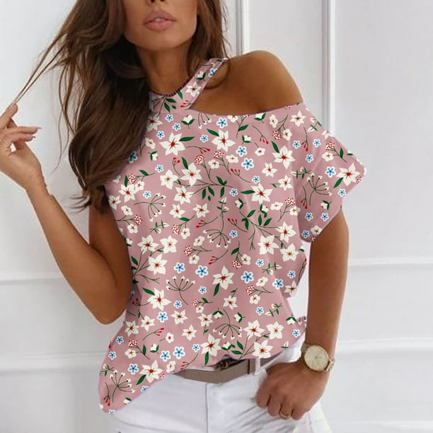 Pntutb Mujer Casual Camiseta Impreso Manga Corta Cuello Redondo Hombro Frío Pullover Blusa tops Pntutb Pntutb-1756