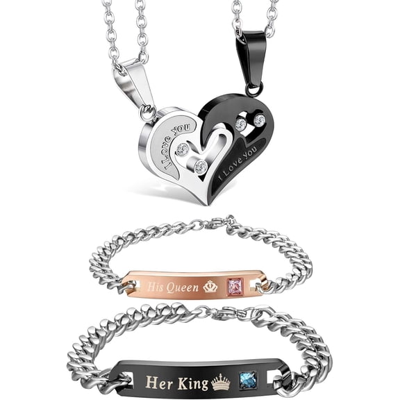 4Pcs Couple Heart Pendant Necklace Bracelets Matching Gift Set