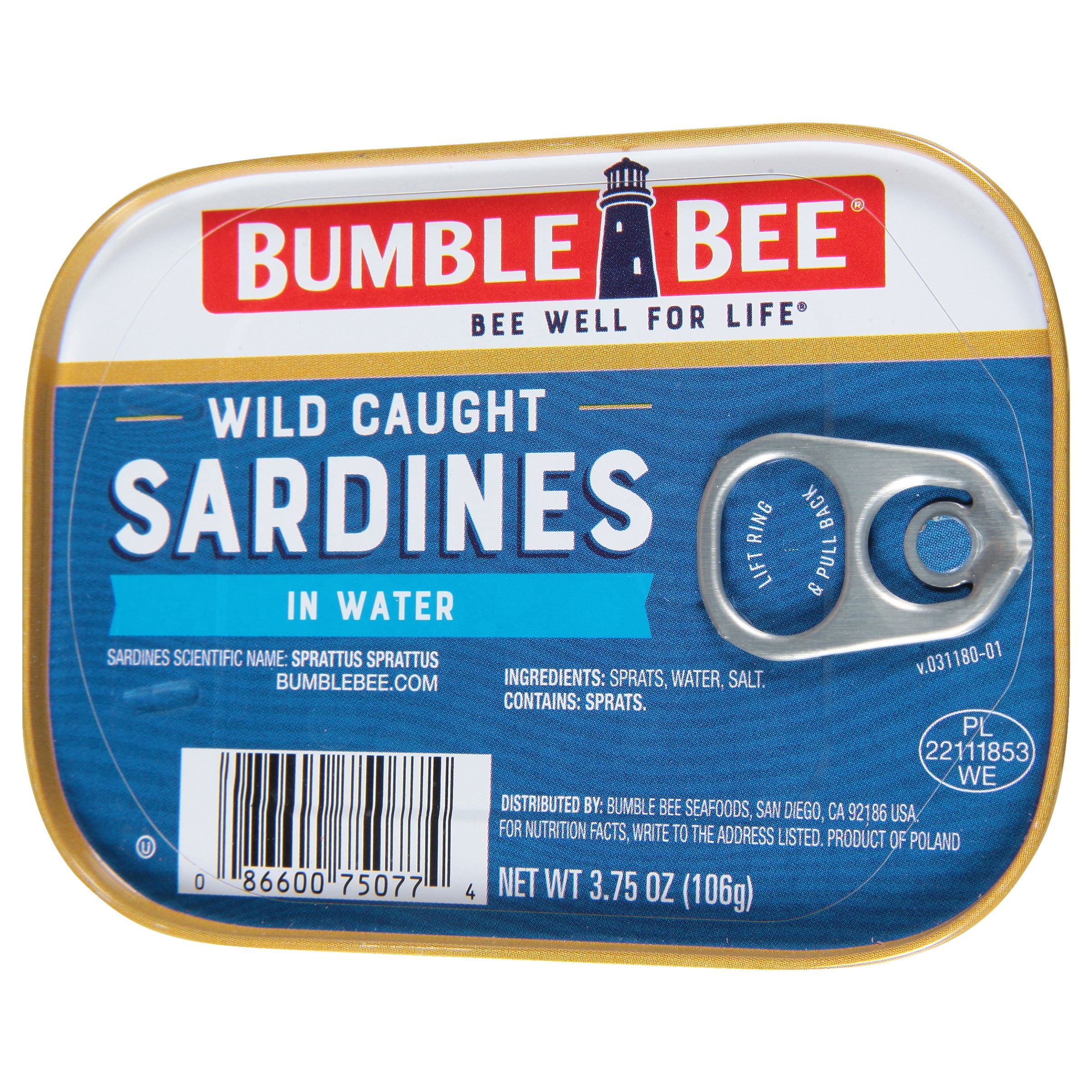 Bumble Bee Wild Caught Sardines in Water, Gluten Free, 12g Protein per Serving, Clean Ingredients, Kosher, Shelf Stable Tin Can, 3.75 oz