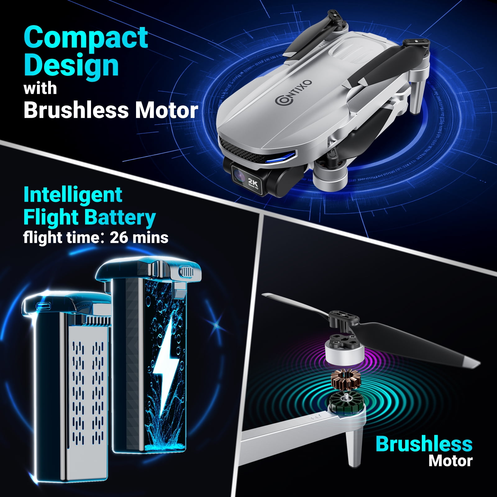 Contixo F28 GPS Drones for Adults with Camera, Foldable RC Drone with 2K Full HD Camera and 26-Min Flight, Gray