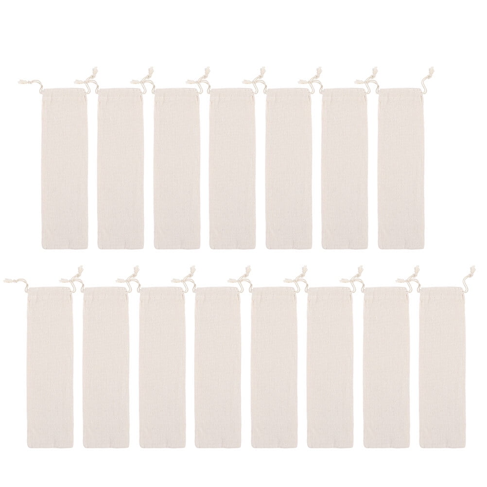 15 Pochettes à Cordon Coton Lin - Pour Pailles, Couverts, Rangement Cuisine, Taille 25x8 Cm, Beige