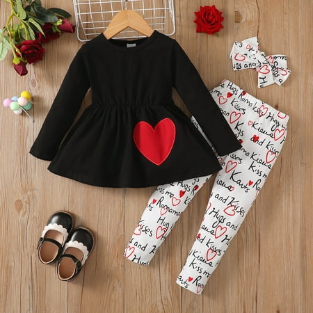 

PatPat 3pcs Toddler Girl Valentine s Day Heart Embroidered Tee and Allover Print Leggings & Headband Set